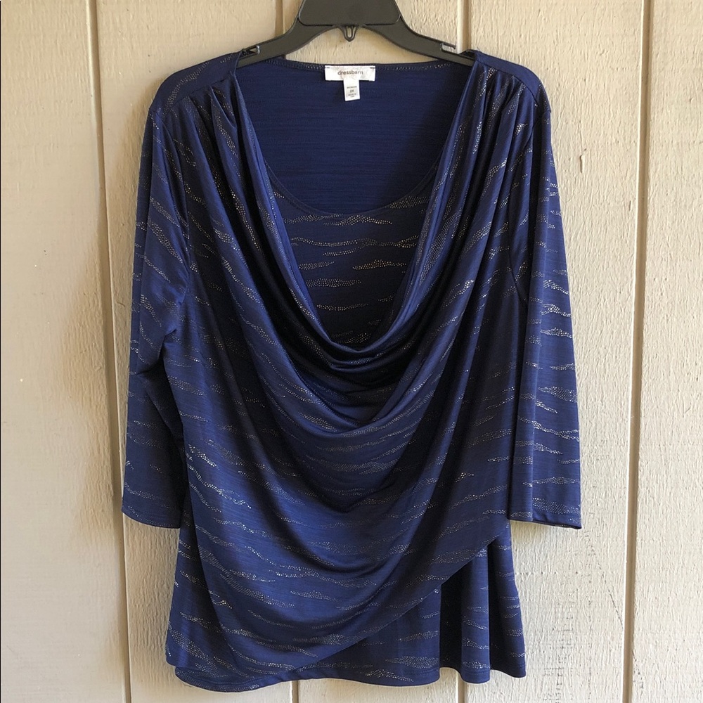 dressbarn Navy Blue Draped Cowl Neck Blouse with Metallic Accents